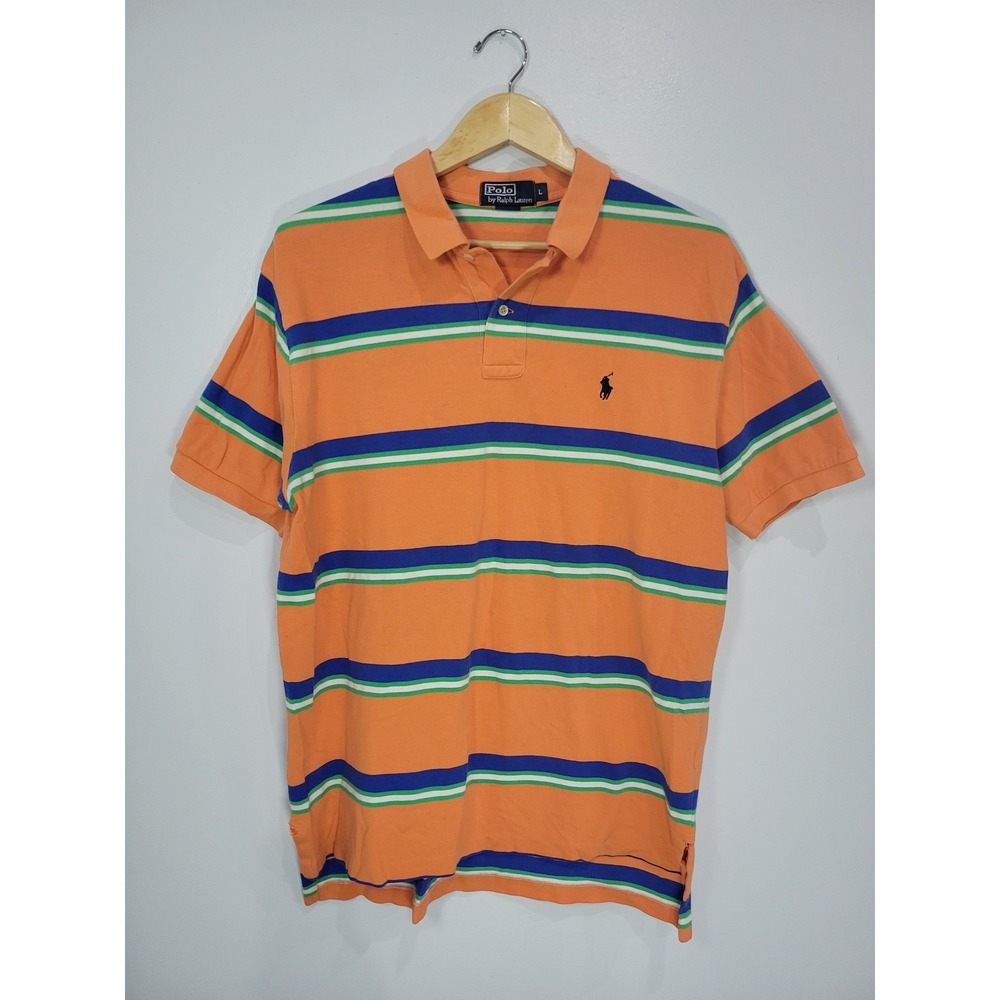 Polo Ralph Lauren Mens Large Orange Striped Short Sleeve Cotton Pique Polo Shirt